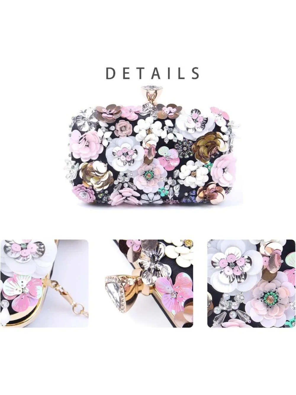 Women's Black Clutches Flower Evening Handbag Chain Strap Elegant Shoulder Bag
